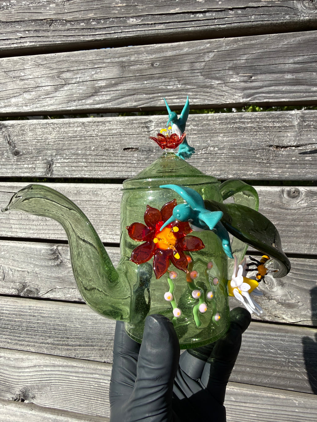 1/1 - Handmade Hummingbird Teapot - Borosilicate Glass - Green Glass - sculptures