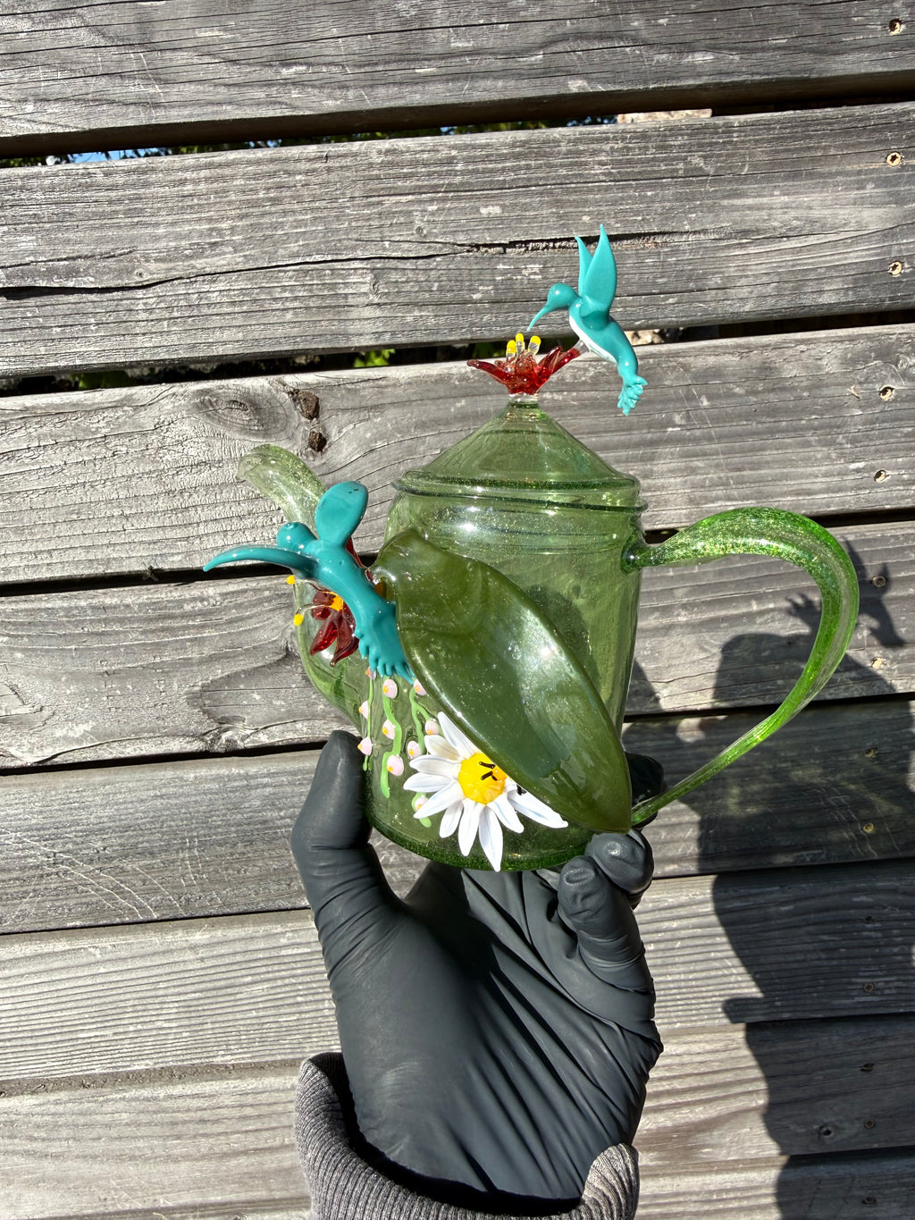 1/1 - Handmade Hummingbird Teapot - Borosilicate Glass - Green Glass - sculptures