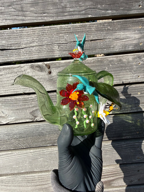 1/1 - Handmade Hummingbird Teapot - Borosilicate Glass - Green Glass - sculptures